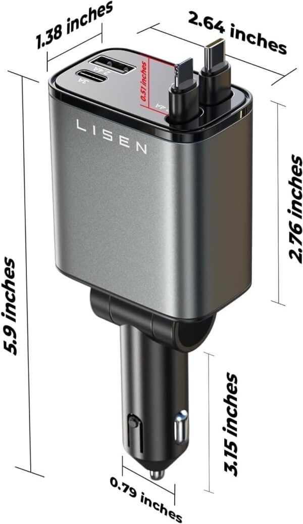 LISEN Retractable Car Charger [69W USB C Car Accessories Adapter ] for iPhone 16 USB C Charger Fast Charging, Ford Travel Essentials Gifts for Women Men, Road Trip Essentials for iPhone 16 15 14 13 12 - Image 6