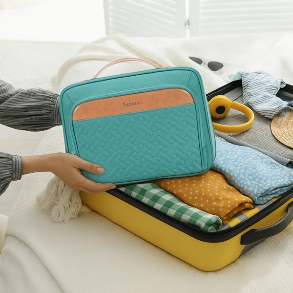 Travel Hanging Toiletry Bag for Women, with Jewelry Organizer Compartment, Medium Waterproof Hanging Makeup Accessories, Cosmetic Essentials, Toiletries Dopp Kit Set with Trolley Belt, Blue - Image 2