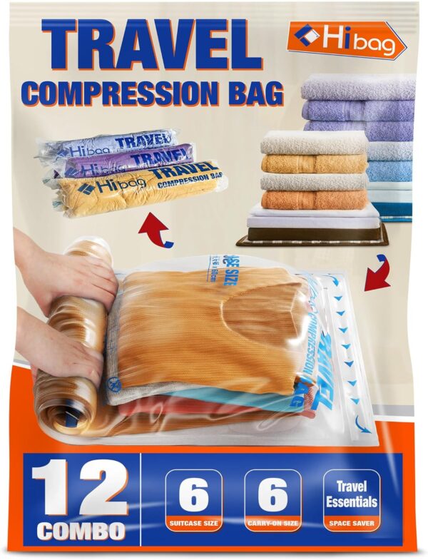 HIBAG 12 Compression Bags for Travel, Travel Essentials Compression Bags, Vacuum Packing Space Saver Zipper Bags for Cruise Travel Accessories (12-Travel)