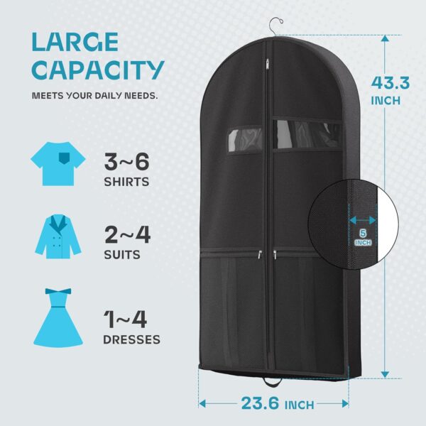 43" Travel Garment Bag with Accessories Zipper Pocket, Heavy Duty Suit Bag for Suits, Tuxedos, Dresses, Coats, Black, 1 pack - Image 3