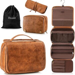 Elviros Hanging Toiletry Bag for Men Travel Essentials 3-in-1 Large Waterproof Dopp Kit PU Leather Shaving Bag with Separate Compartments for Grooming and Toiletries