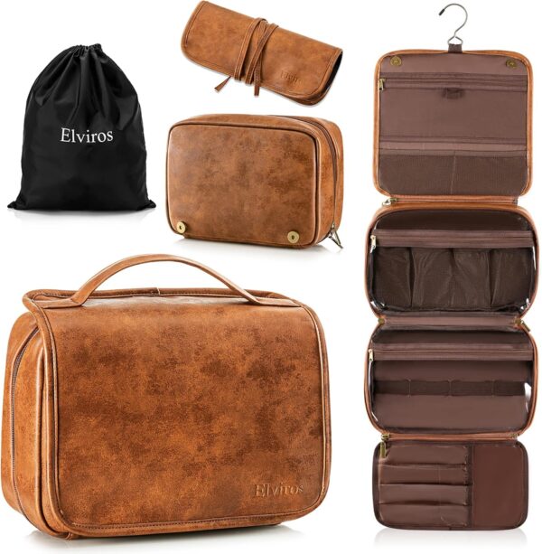 Elviros Hanging Toiletry Bag for Men Travel Essentials 3-in-1 Large Waterproof Dopp Kit PU Leather Shaving Bag with Separate Compartments for Grooming and Toiletries