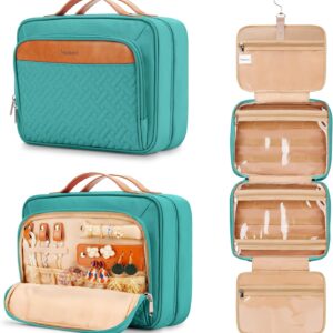 Travel Hanging Toiletry Bag for Women, with Jewelry Organizer Compartment, Medium Waterproof Hanging Makeup Accessories, Cosmetic Essentials, Toiletries Dopp Kit Set with Trolley Belt, Blue
