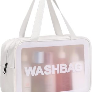 Travel Toiletry Bag for Women and Men, Matte Translucent Toiletry Bag with Handy Handle, Makeup Cosmetic Organizer Bag for Travel Toiletries Accessories (White)