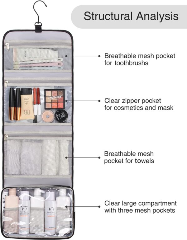 Relavel Travel Hanging Toiletry Bag for Men Women Travel Kit Shaving Bag Waterproof Large Makeup Bag Wash Bag Makeup Organizer Cosmetic Case for Bathroom Shower Black - Image 6