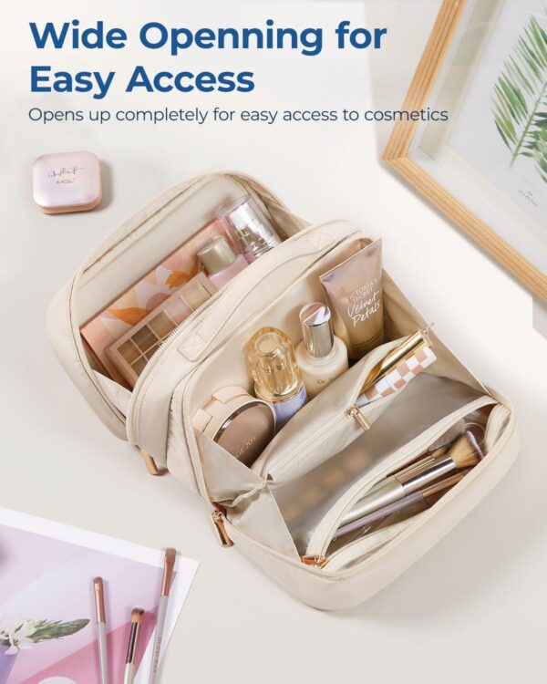BAGSMART Travel Makeup Bag, Make Up Bag with Multiple Compartments for Organizer, Durable & Compact Cosmetic Organizer for Women for Travel Accessories (Beige) - Image 2