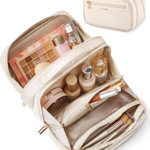 BAGSMART Travel Makeup Bag, Make Up Bag with Multiple Compartments for Organizer, Durable & Compact Cosmetic Organizer for Women for Travel Accessories (Beige)