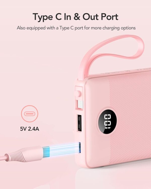 VRURC Portable Charger Power Bank, 10000mAh Travel Essentials Battery Pack, 5 Outputs 2 Inputs Slim Charging Bank Built-in Cables Cords Wires Compatible with iPhone,Samsung,Android-Pink(1 Pack) - Image 3