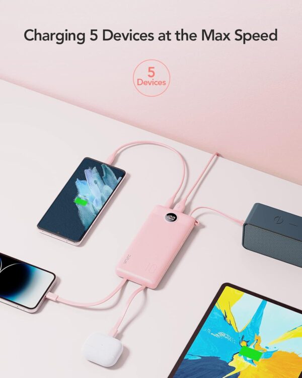 VRURC Portable Charger Power Bank, 10000mAh Travel Essentials Battery Pack, 5 Outputs 2 Inputs Slim Charging Bank Built-in Cables Cords Wires Compatible with iPhone,Samsung,Android-Pink(1 Pack) - Image 4