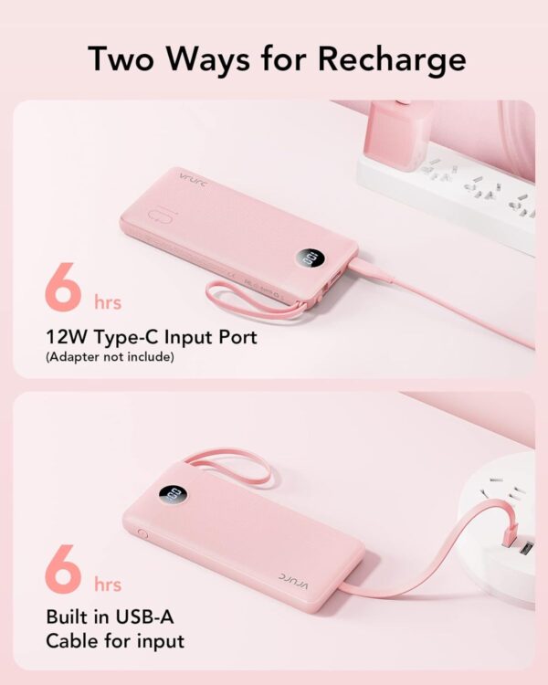 VRURC Portable Charger Power Bank, 10000mAh Travel Essentials Battery Pack, 5 Outputs 2 Inputs Slim Charging Bank Built-in Cables Cords Wires Compatible with iPhone,Samsung,Android-Pink(1 Pack) - Image 6