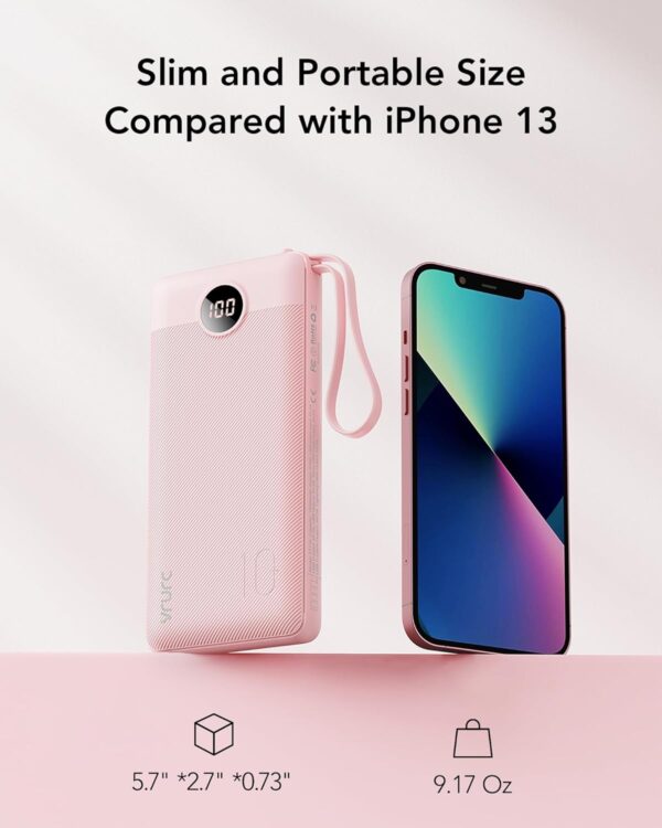 VRURC Portable Charger Power Bank, 10000mAh Travel Essentials Battery Pack, 5 Outputs 2 Inputs Slim Charging Bank Built-in Cables Cords Wires Compatible with iPhone,Samsung,Android-Pink(1 Pack) - Image 5