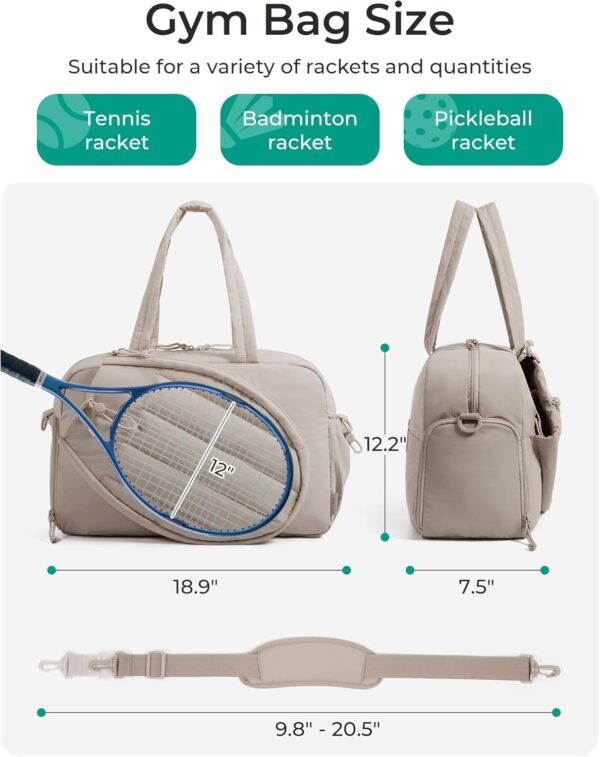 BAGSMART Gym Bag for Women, Tennis Bag Holds 2 Rackets with Shoe Compartment & Wet Pocket, Sports Duffle Bags fits up to 15.6" Laptop, Women Overnight Weekend Bag - Image 5