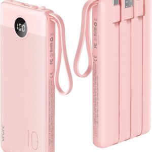 VRURC Portable Charger Power Bank, 10000mAh Travel Essentials Battery Pack, 5 Outputs 2 Inputs Slim Charging Bank Built-in Cables Cords Wires Compatible with iPhone,Samsung,Android-Pink(1 Pack)