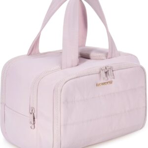 BAGSMART Travel Toiletry Bag, Lightweight Large Wide-open Travel Bag for Women, Puffy Cosmetic Makeup Bag Organizer with Handle for Accessories,Essentials, Toiletries, Pink