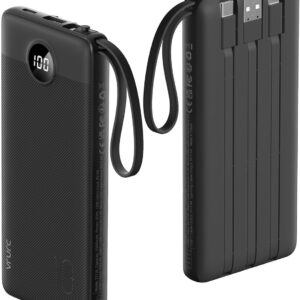 VRURC Portable Charger with Built in Cables, 10000mAh Travel Essentials Power Bank, 5 Output 2 Input LED Display External Battery Pack Compatible with iPhone,Samsung,Android-Black(1 Pack)
