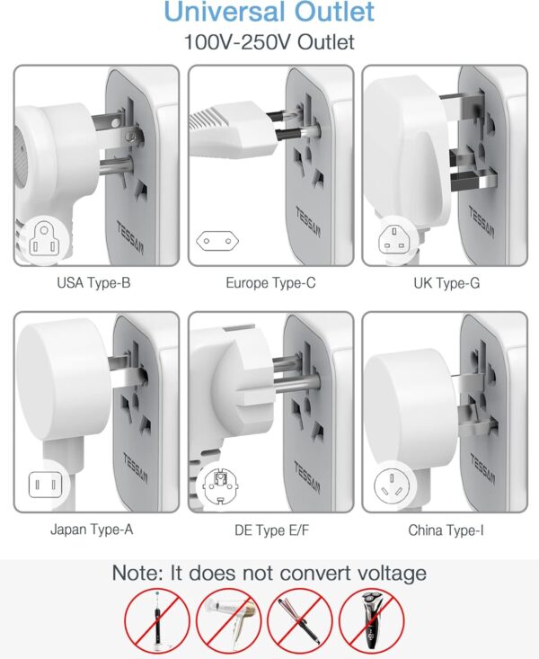 TESSAN Universal Travel Adapter, International Power Adapter 5.6A 28W 3 USB C 2 USB A Ports, Travel Worldwide Plug Adaptor, Outlet Wall Charger for Europe UK EU AUS (Type C/G/A/I) - Image 4