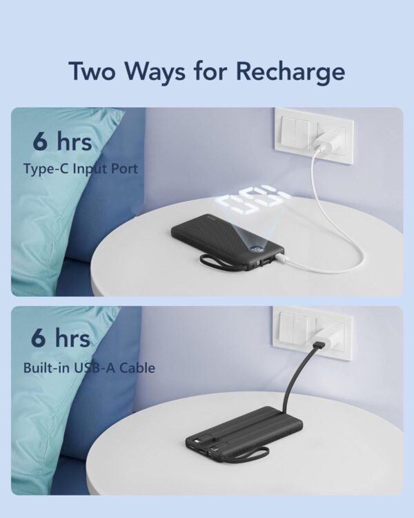 VRURC Portable Charger with Built in Cables, 10000mAh Travel Essentials Power Bank, 5 Output 2 Input LED Display External Battery Pack Compatible with iPhone,Samsung,Android-Black(1 Pack) - Image 7