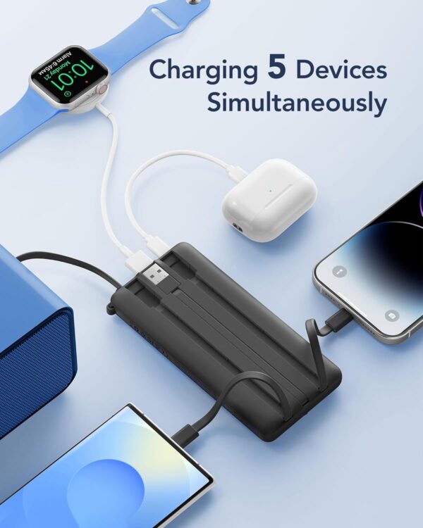 VRURC Portable Charger with Built in Cables, 10000mAh Travel Essentials Power Bank, 5 Output 2 Input LED Display External Battery Pack Compatible with iPhone,Samsung,Android-Black(1 Pack) - Image 4